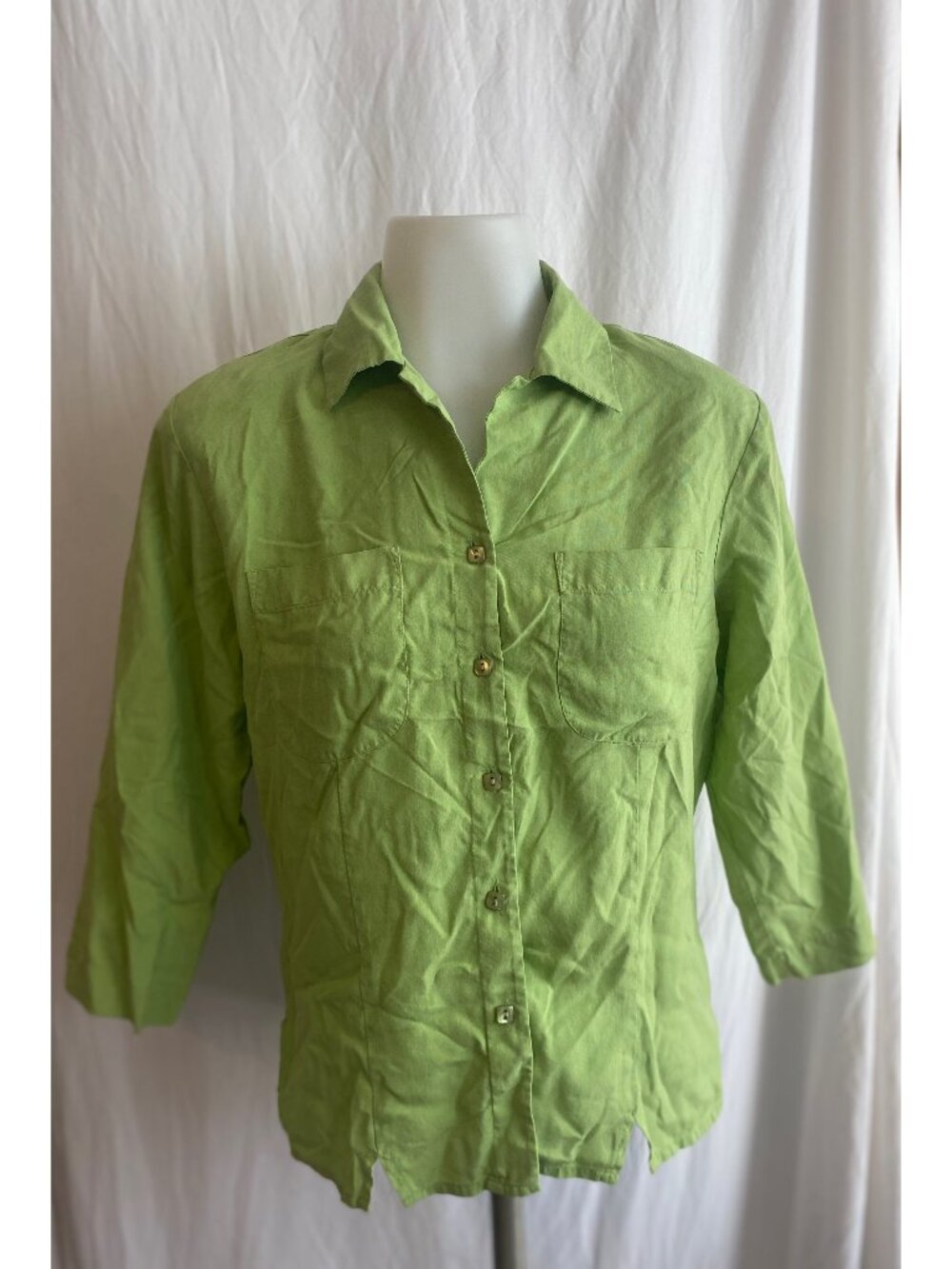 Notations Green 100% Silk Button Front 3/4 Sleeve Blouse